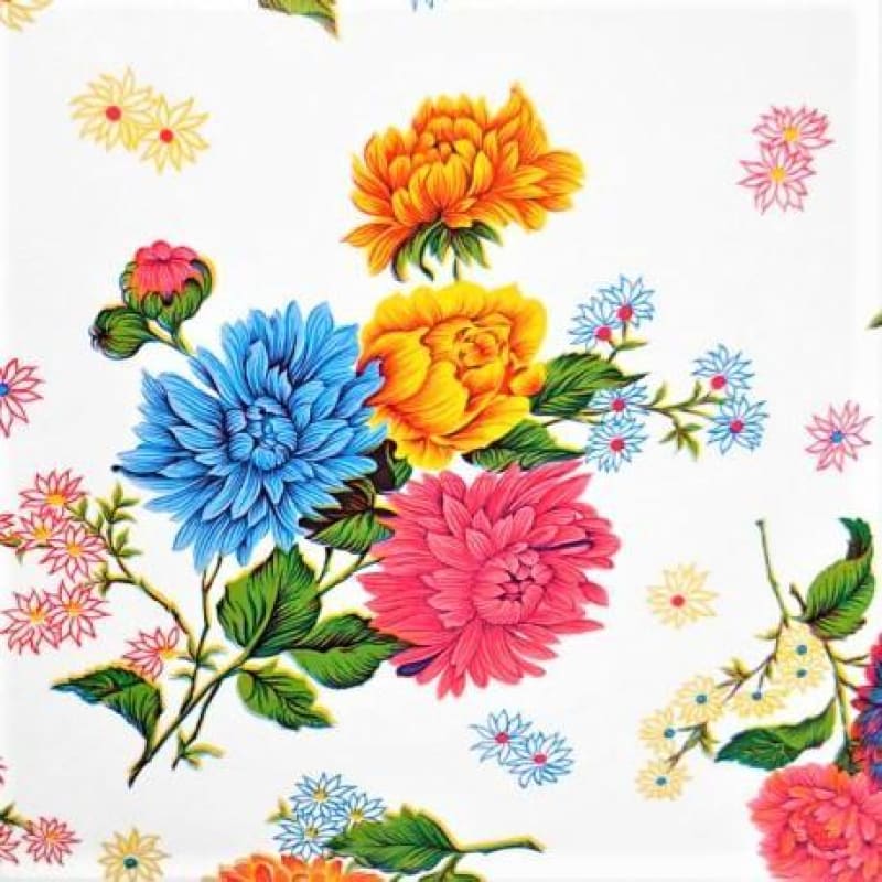 Mexican Oilcloth Fabric White Mum Flowers - oilcloth