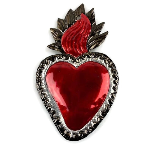 Mexican Tin Hearts - Big Heart with Flame Red & Silver Theme
