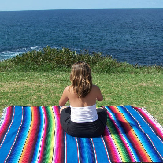 Teal Blue Mexican Sarape Blanket - sarape