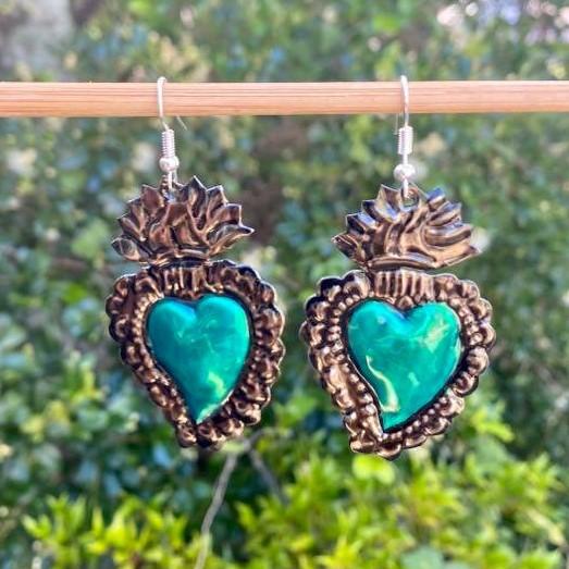 Tin Heart Oaxaca Earrings: Green